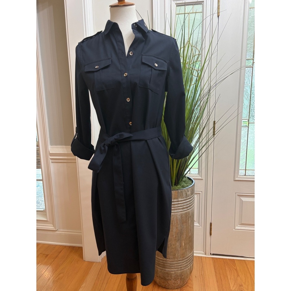 Jones New York Stretch Navy Blue Utility Shirt Dress‎ Button Front Belted 6